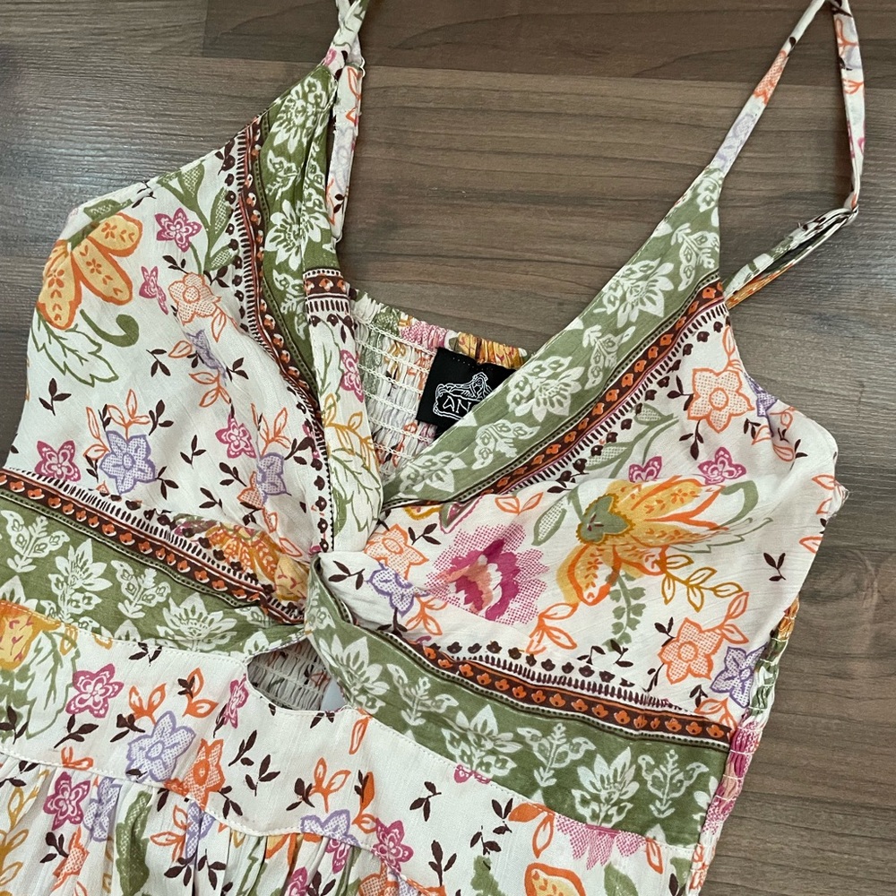 NWT Angie Floral Knot-Front Sleeveless Summer Sun Dress smocked